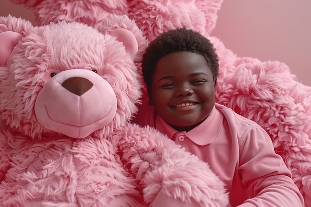 Renderización surrealista de un niño saltando con un juguete de peluche gigante