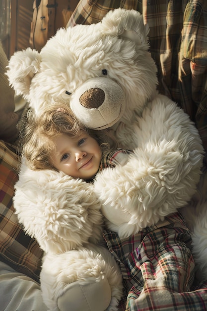 Foto gratuita renderización surrealista de un niño saltando con un juguete de peluche gigante