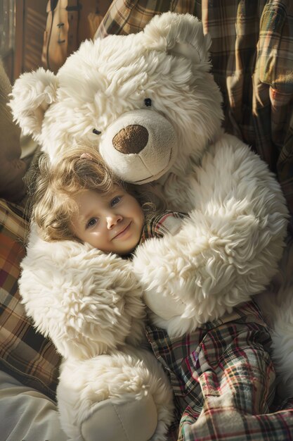 Renderización surrealista de un niño saltando con un juguete de peluche gigante