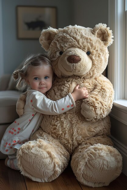 Renderización surrealista de un niño saltando con un juguete de peluche gigante