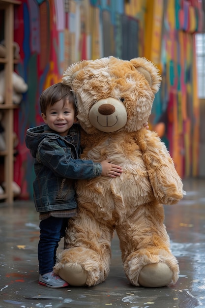 Renderización surrealista de un niño saltando con un juguete de peluche gigante