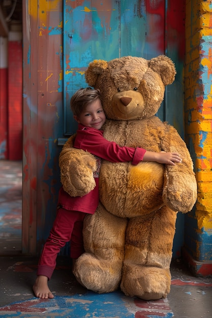 Renderización surrealista de un niño saltando con un juguete de peluche gigante