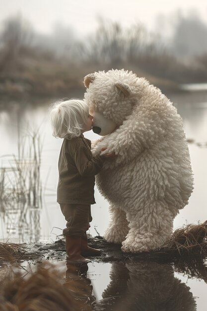 Renderización surrealista de un niño saltando con un juguete de peluche gigante