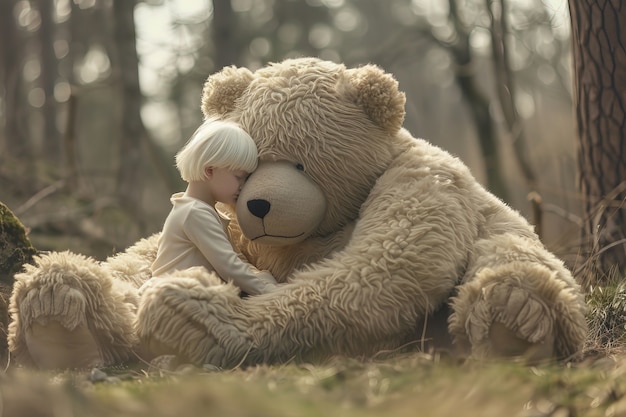 Renderización surrealista de un niño saltando con un juguete de peluche gigante