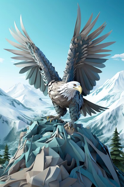 Renderizado en 3D del águila sobre la montaña