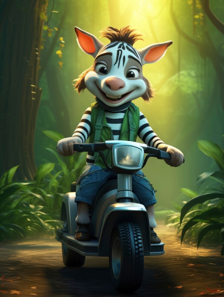 Foto gratuito renderizado en 3d de una cebra forestal en un scooter.