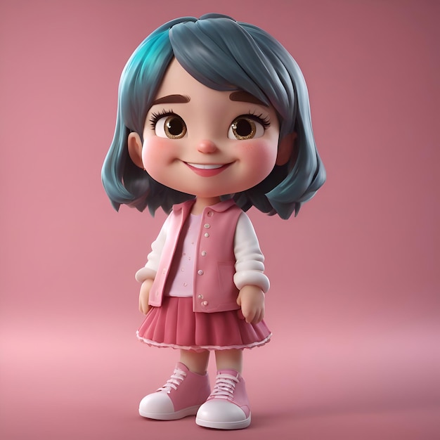 Foto gratuita renderizado en 3d de una chica linda con cabello azul y vestido rosa