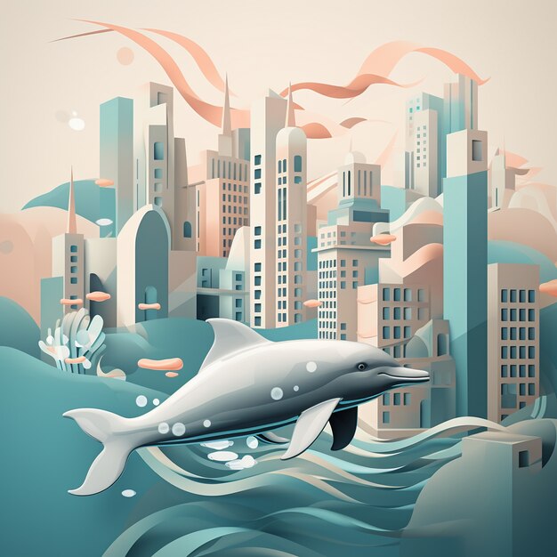 Renderizado en 3D de delfines en una ciudad submarina