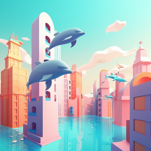 Renderizado en 3D de delfines en una ciudad submarina