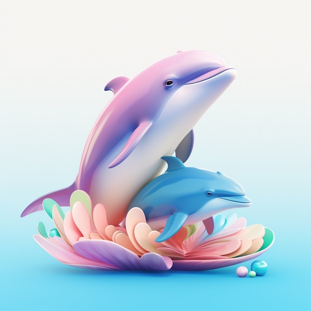 Renderizado en 3D de delfines de colores