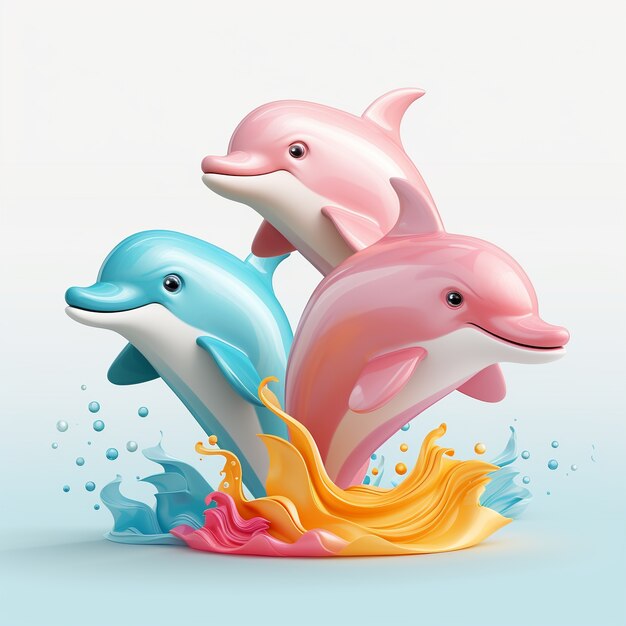 Renderizado en 3D de delfines de colores