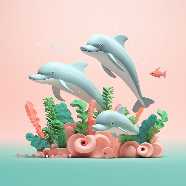Renderizado en 3D de delfines con corales