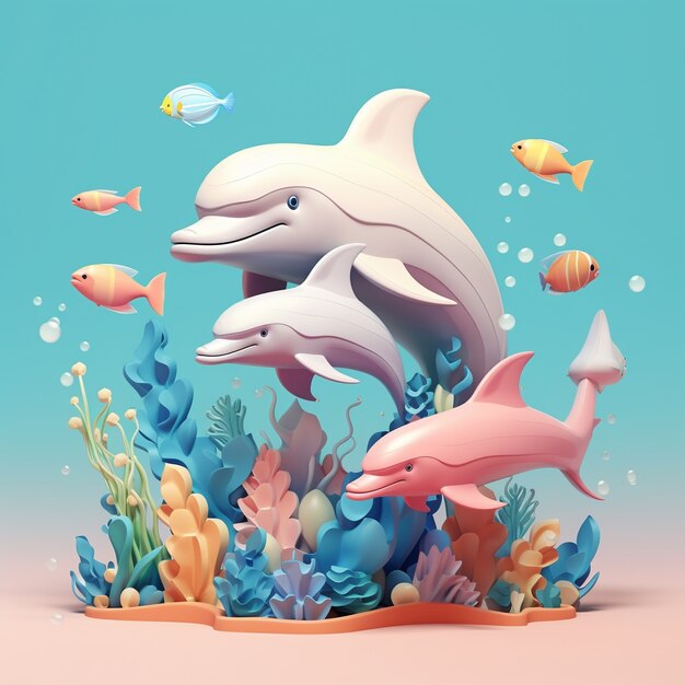 Renderizado en 3D de delfines con corales
