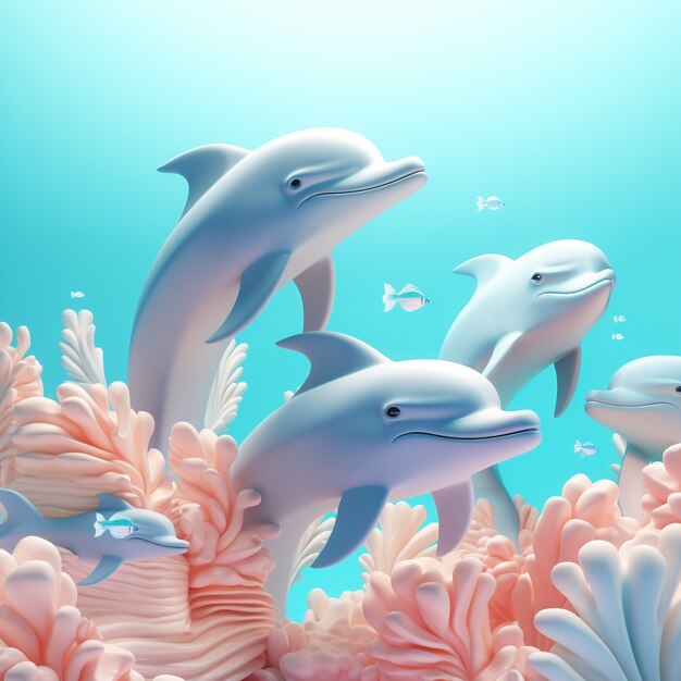 Renderizado en 3D de delfines con corales
