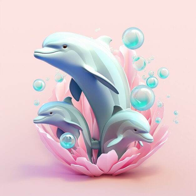 Renderizado en 3D de delfines con corales