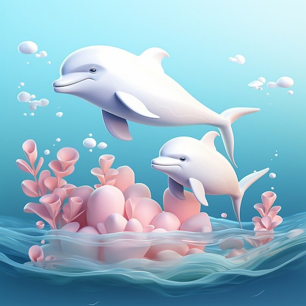 Foto gratuita renderizado en 3d de delfines con corales