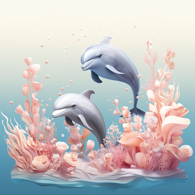 Foto gratuita renderizado en 3d de delfines nadando