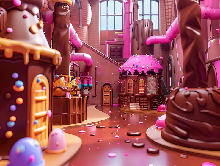Foto gratuito renderizado en 3d de la fábrica de chocolate