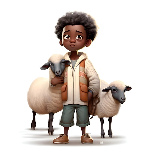 Foto gratuita renderizado en 3d de un niño afroamericano con una oveja