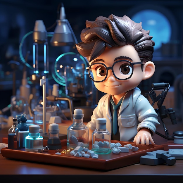 Foto gratuita renderizado en 3d de un niño científico trabajando en un laboratorio químico