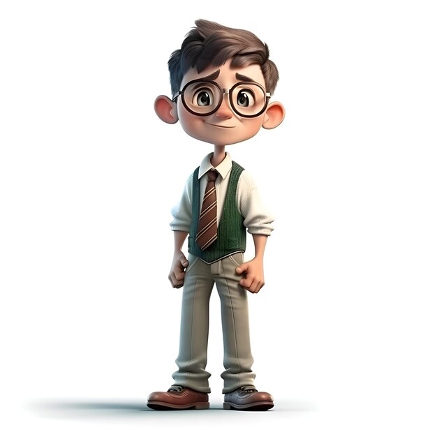 Renderizado en 3D de un niño con gafas y corbata sobre un fondo blanco