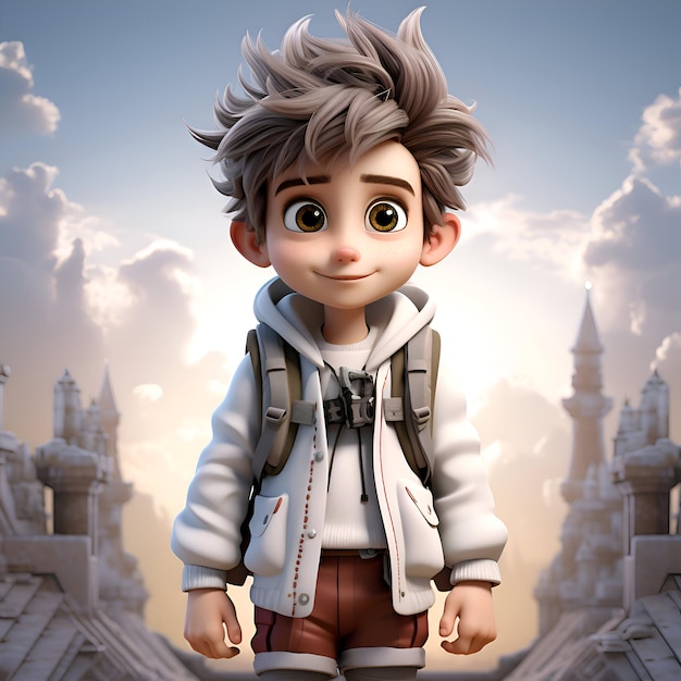 Foto gratuita renderizado en 3d de un niño con mochila en la parte superior de un castillo