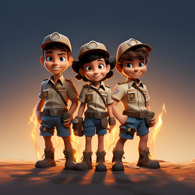 Foto gratuita renderizado en 3d de un niño y una niña exploradores con fondo de fuego