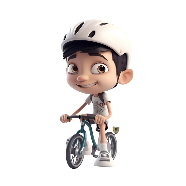 Renderizado en 3D de un niño pequeño montando una bicicleta sobre un fondo blanco