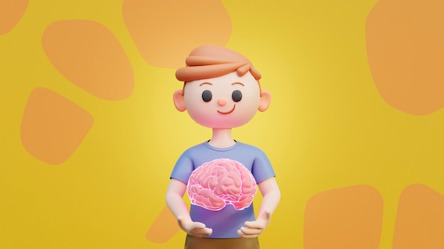 Renderizado en 3D de un niño sosteniendo el cerebro