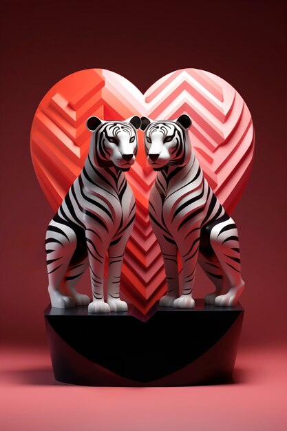 Renderizado en 3D de una pareja de animales en el corazón del día de San Valentín.