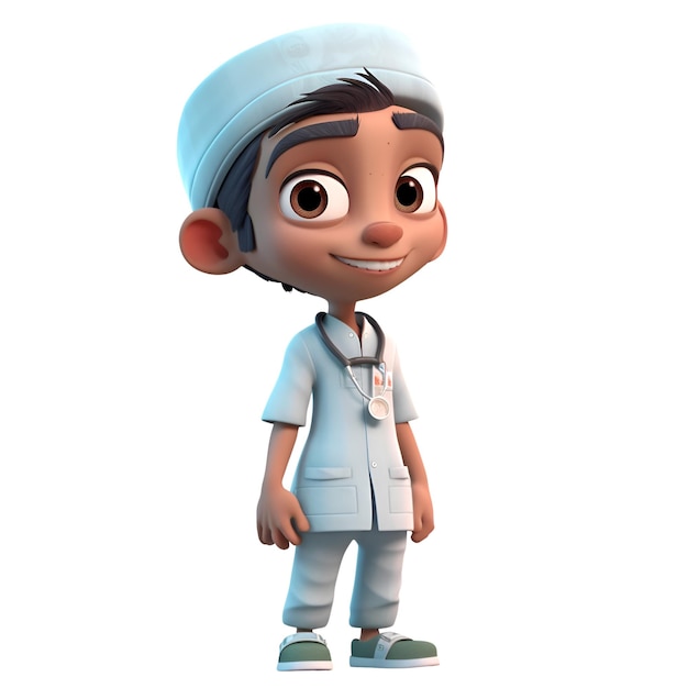 Renderizado en 3D del pequeño doctor con estetoscopio y postura de gorra