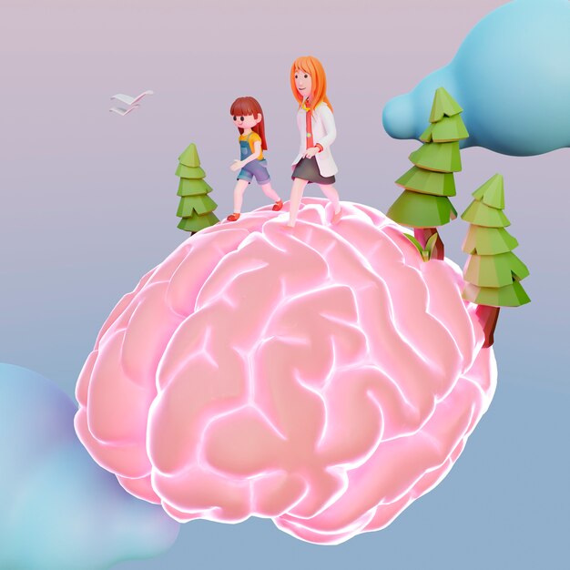 Renderizado en 3D de personas caminando sobre el cerebro humano