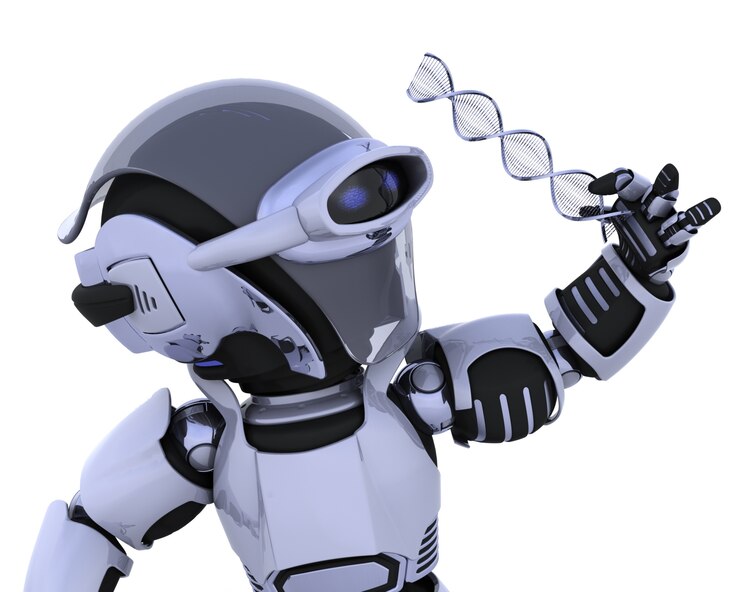 Foto gratuito renderizado en 3d de un robot inspeccionando una cadena de adn