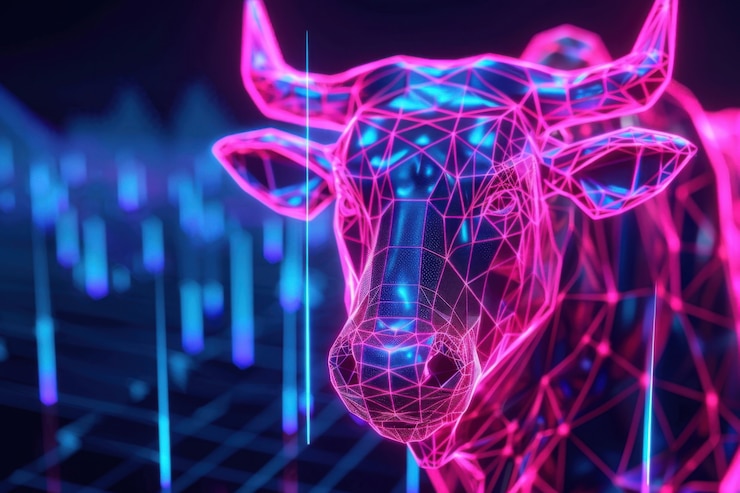 Foto gratuito renderizado en 3d del toro de neón financiero