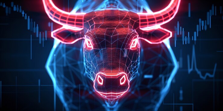 Foto gratuito renderizado en 3d del toro de neón financiero