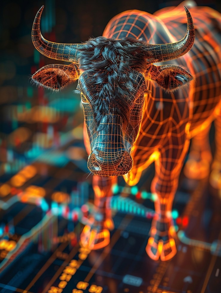 Foto gratuito renderizado en 3d del toro de neón financiero