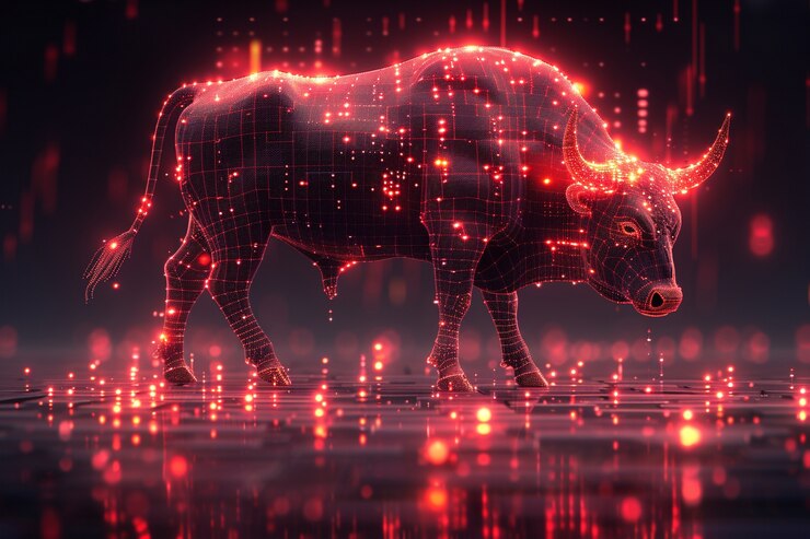 Foto gratuito renderizado en 3d del toro de neón financiero