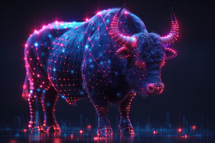 Foto gratuito renderizado en 3d del toro de neón financiero