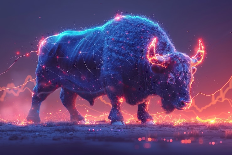 Foto gratuito renderizado en 3d del toro de neón financiero
