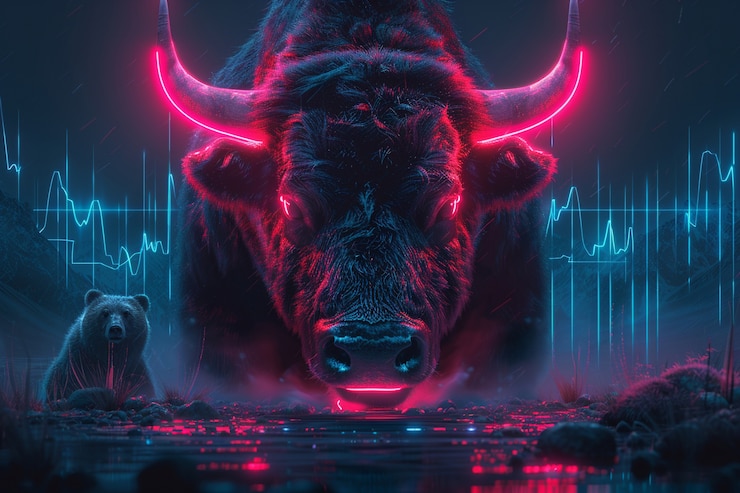 Foto gratuito renderizado en 3d del toro de neón financiero