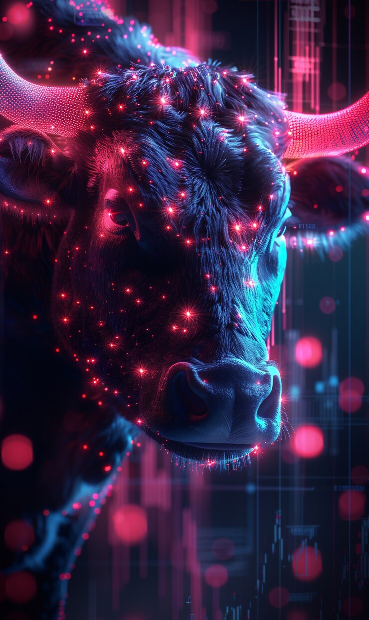 Foto gratuito renderizado en 3d del toro de neón financiero