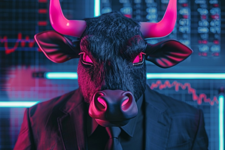 Foto gratuito renderizado en 3d del toro de neón financiero