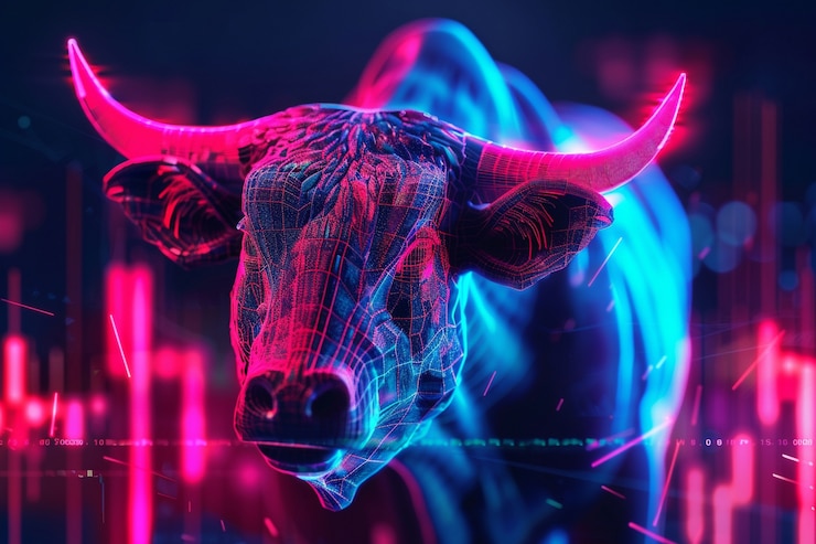 Foto gratuito renderizado en 3d del toro de neón financiero