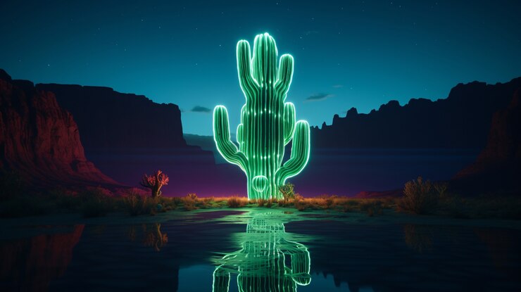 Foto gratuito renderizado en 3d de un vibrante cactus de neón en el desierto
