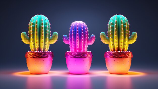 Renderizado en 3D de un vibrante cactus de neón en el desierto.