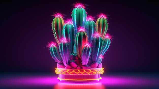 Foto gratuita renderizado en 3d de un vibrante cactus de neón en el desierto.