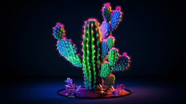 Renderizado en 3D de un vibrante cactus de neón en el desierto.