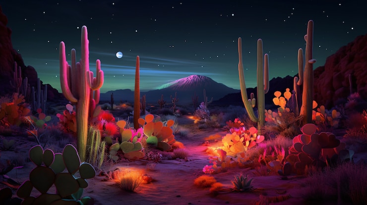 Foto gratuito renderizado en 3d de un vibrante cactus de neón en el desierto