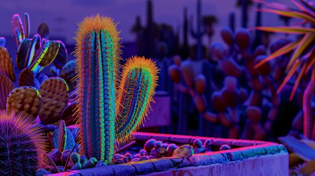 Renderizado en 3D de un vibrante cactus de neón en el desierto.