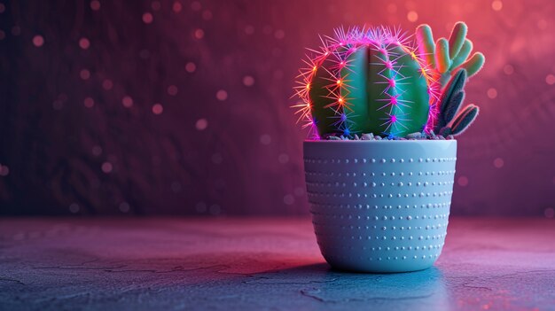 Renderizado en 3D de un vibrante cactus de neón en el desierto.